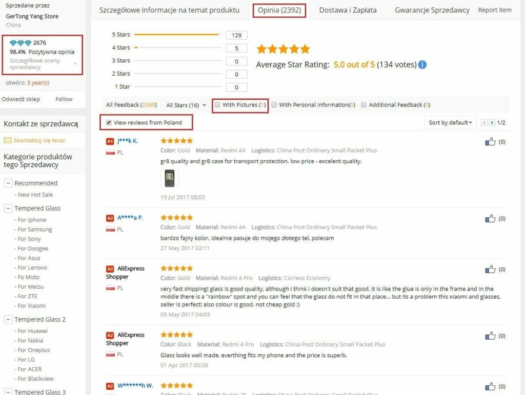 opinie produktu na aliexpress