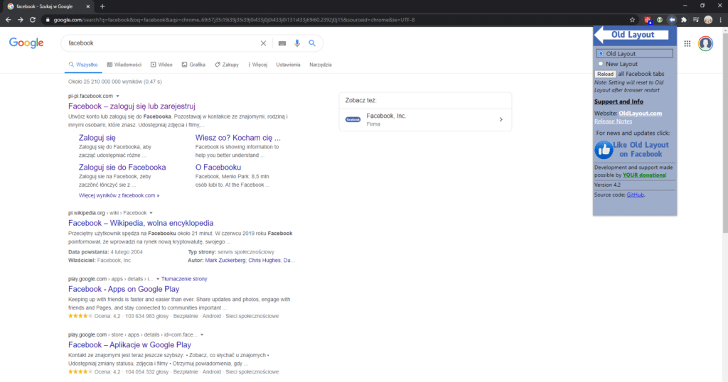 wtyczka old layout for facebook chrome