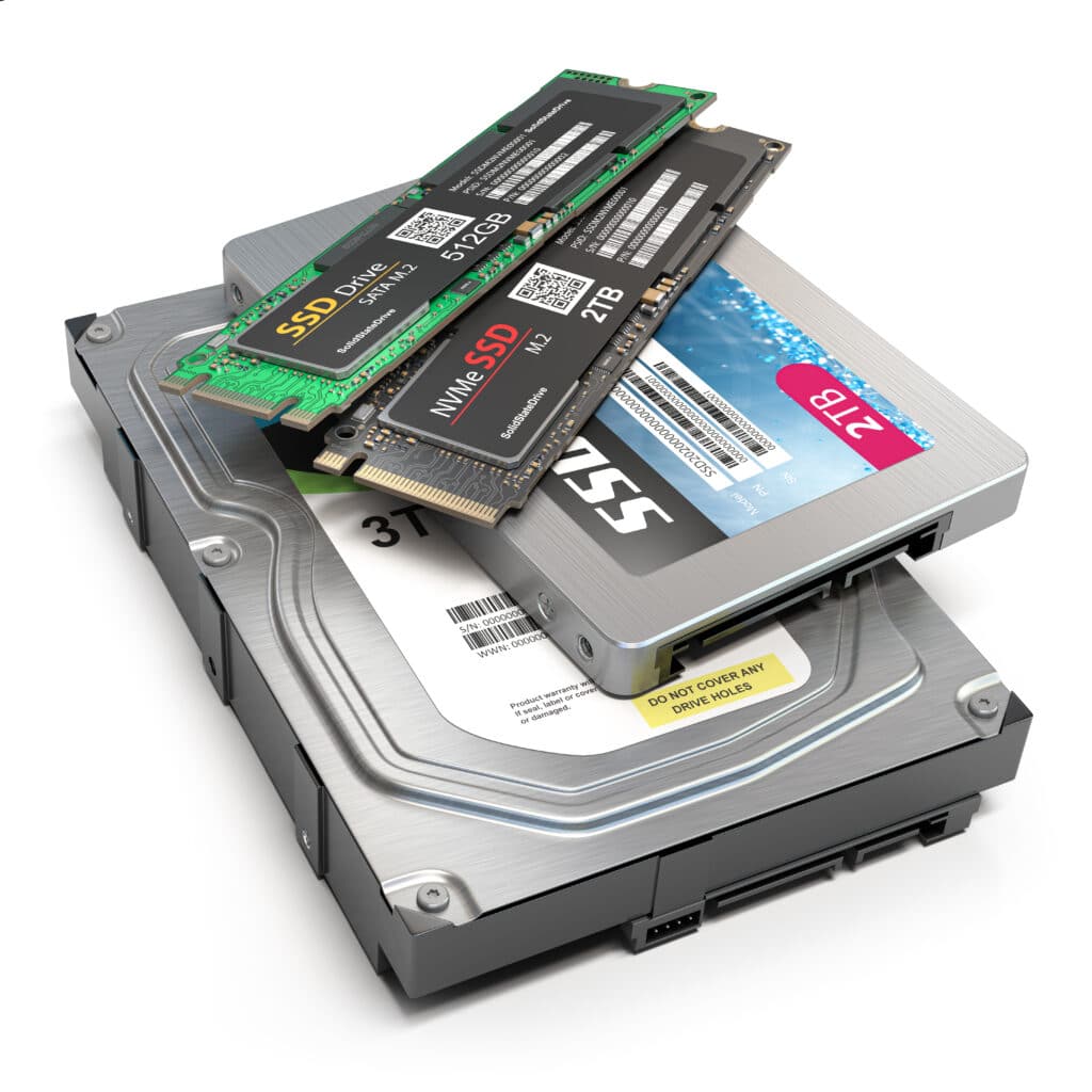 set of different data storage devices. hdd, ssd and ssd m2 isola